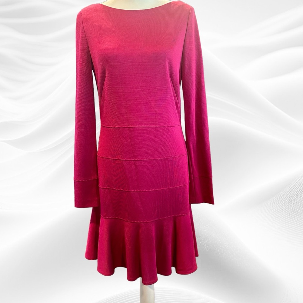 Talbot Runhof Cranberry Knee Length Long Sleeve Tiered‎ Dress Size 8